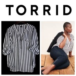 Torrid Sz 2X 18 20 Shirt Blouse Top Tunic Harper Striped Black White Georgette